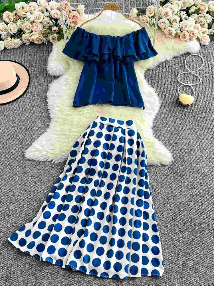 

2025 summer women new one shoulder lotus leaf edge short sleeved top Light mature storm point skirt two-piece set