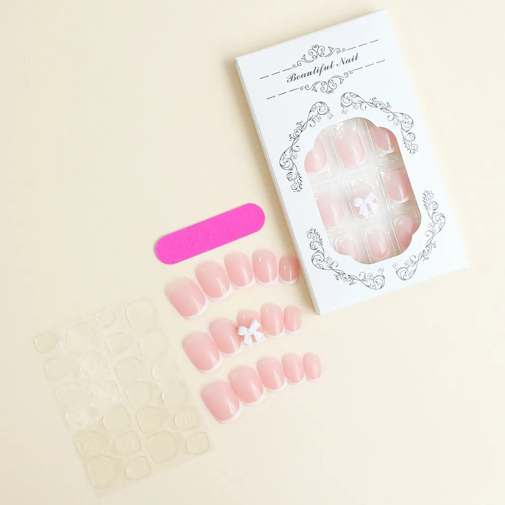 패션 웨어러블 매니큐어 프렌치 페이크 네일 스퀘어 헤드 풀 커버 프레스온 네일 가짜 손톱 소녀용