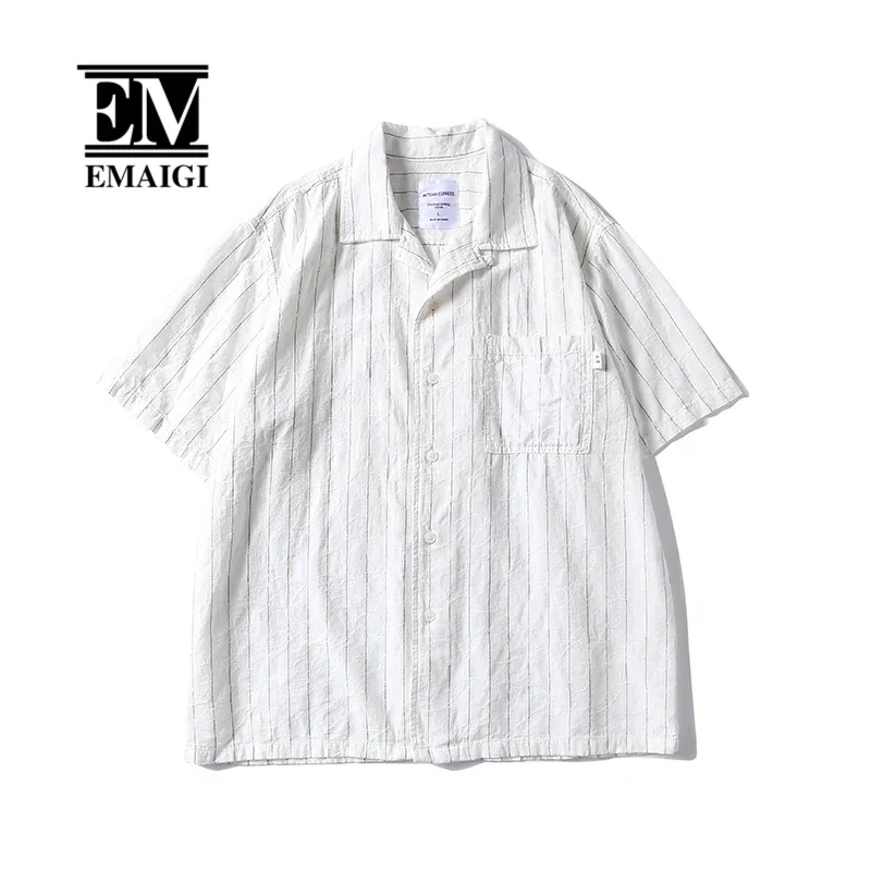 Men Summer Striped Jacquard Cuban Collar Vintage Loose Casual Short Sleeve Cotton Linen Shirts Cityboy Blouses Man