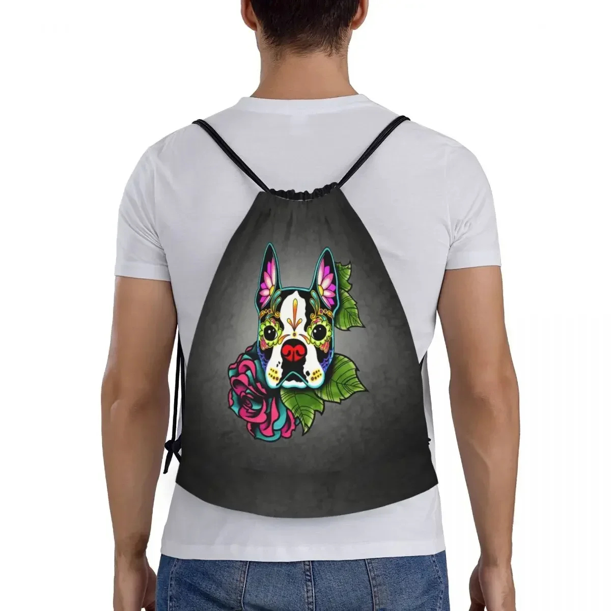 Mochila con cordón para hombre, bolsa ligera con diseño de calavera de azúcar, perro, gimnasio, deportes, viaje, Día de los muertos, Boston Terrier