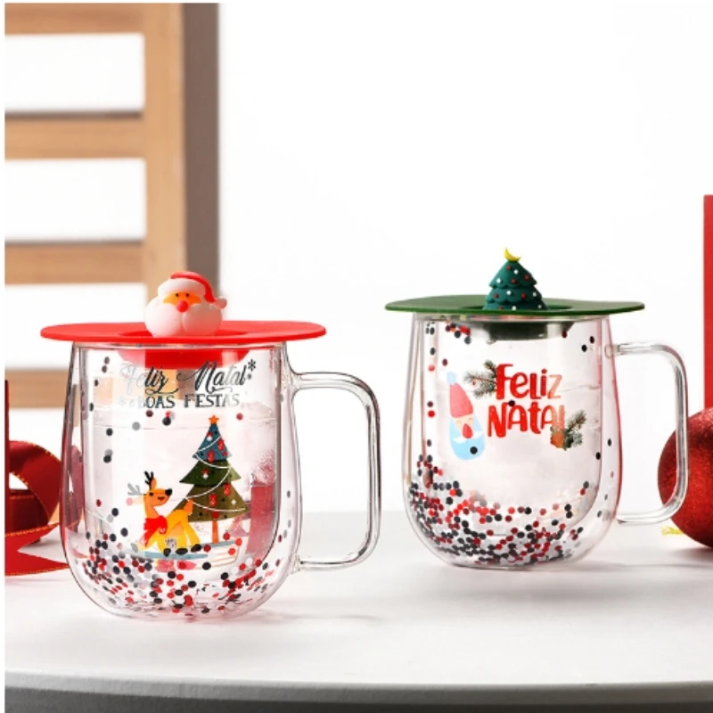 250 مللي كوب زجاجي معزول بطبقة مزدوجة سانتا شجرة عيد الميلاد كوب قهوة زجاجي أكواب عصير الحليب مع غطاء ومقبض هدية عيد الميلاد