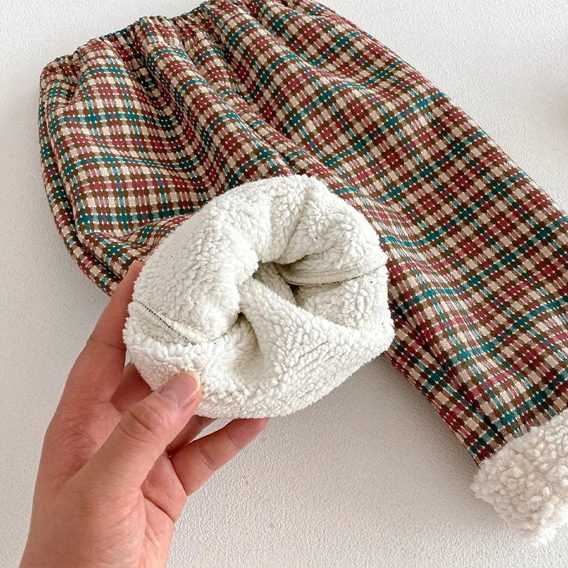 어린이용 플러시 캐주얼 바지 2025년 신상 겨울 여아용 한국판 체크무늬 바지 아기 패션 레그 플립업