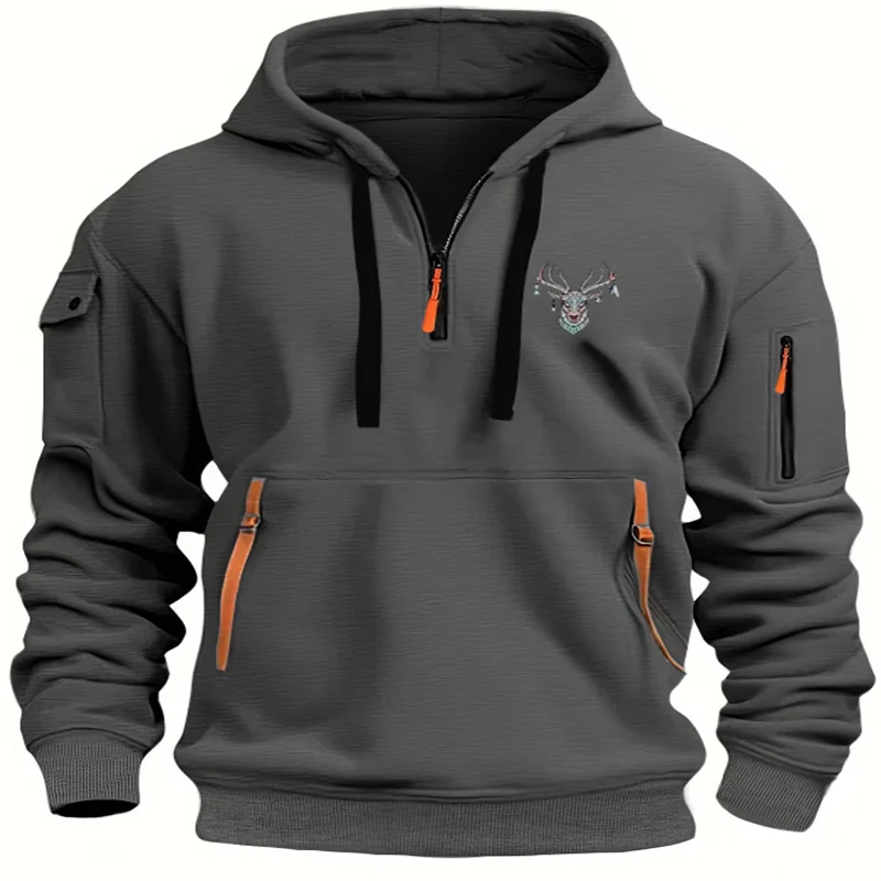 

Fashionable Men's hooded sweatshirt, Casual sports jumper, long sleeve zipper, Multiple pockets, Casual loose jacket, S-3XL