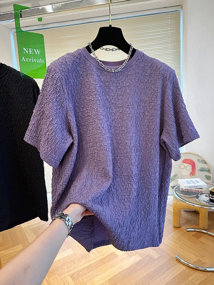 Loose Short Sleeve T-Shirt Women's Bubble Cloth Pad Shoulder Violet Color Texture Summer Top plus Size 300 Pounds Bubble Shirt