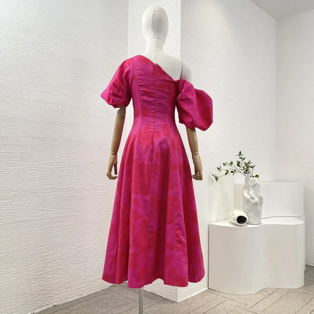 2024 New Rose Red High Quality One Shoulder Half Sleeve A-line Spring Summer Midi Dress for Women