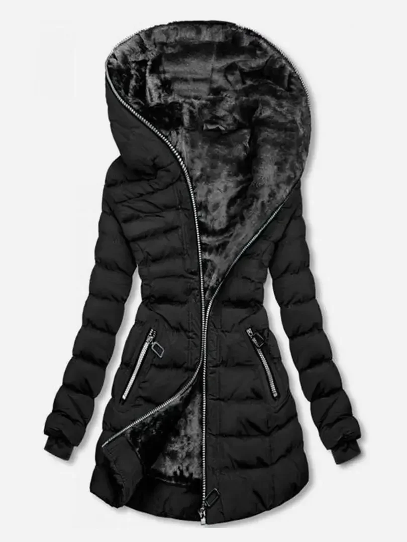 

Women's Hooded Long Sleeve Cotton-padded Fleece-lined Winter Jacket Medium-length Zip-up Coat Warm Stylish