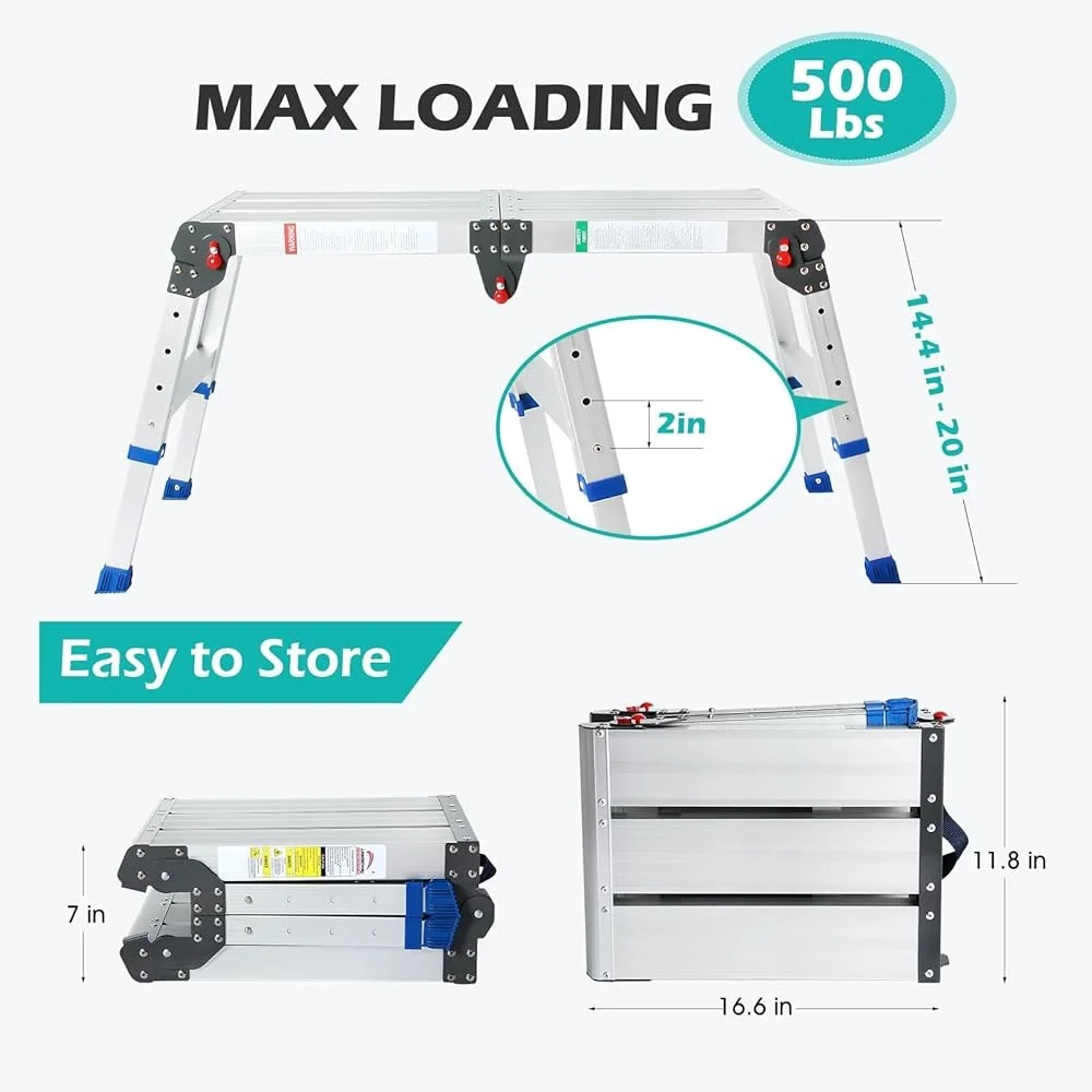 Adjustable Height Work Platform 43 inch Aluminum Step Stool One Touch Automatic Folding Portable Compact Ladder 330 lbs Capacity