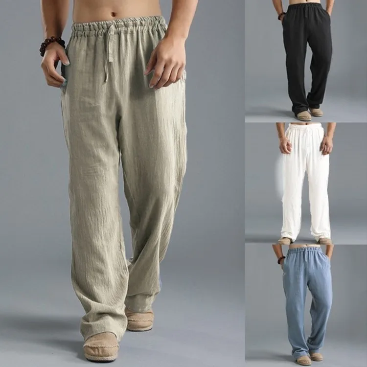 

Loose Casual Cotton Linen Men's Pants Elastic Waist Rope Breathable Sports Long Trousers Straight Leg Pants for Men