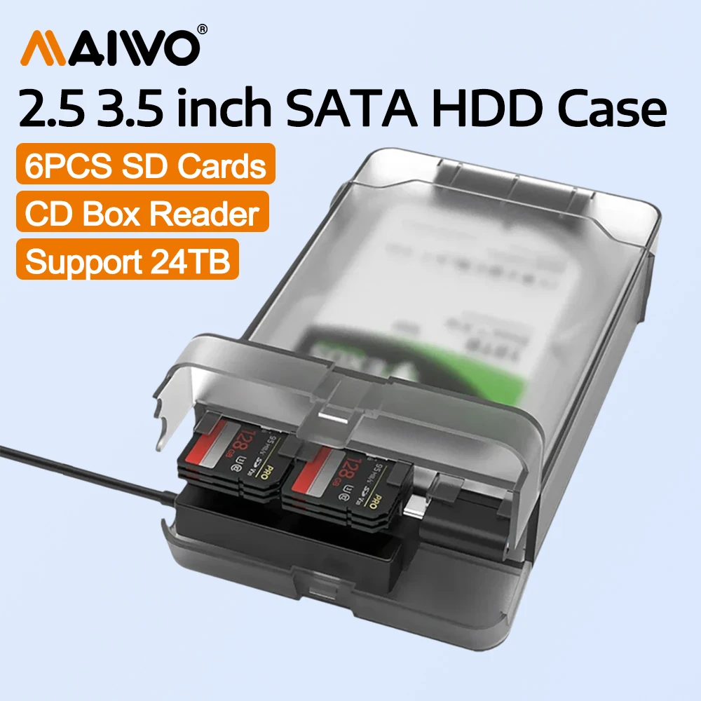 

MAIWO HDD Case 3.5 2.5 Inch SATA SSD HDD Enclosure 6Gbps USB 3.0 to SATA Adapter Case with 6PCS SD Card Storage & CD Box Reader