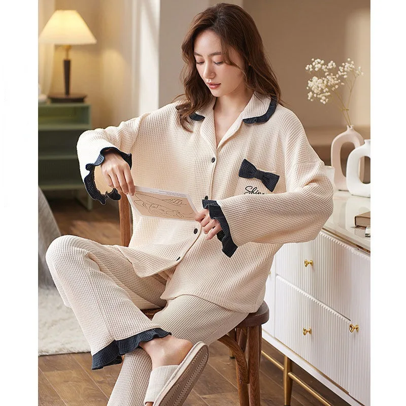 

2023 New Pajamas Women's Spring and Autumn Waffle Long Sleeve Loungewear Casual and Simple Wearable Homewear Suit Two Piece Set