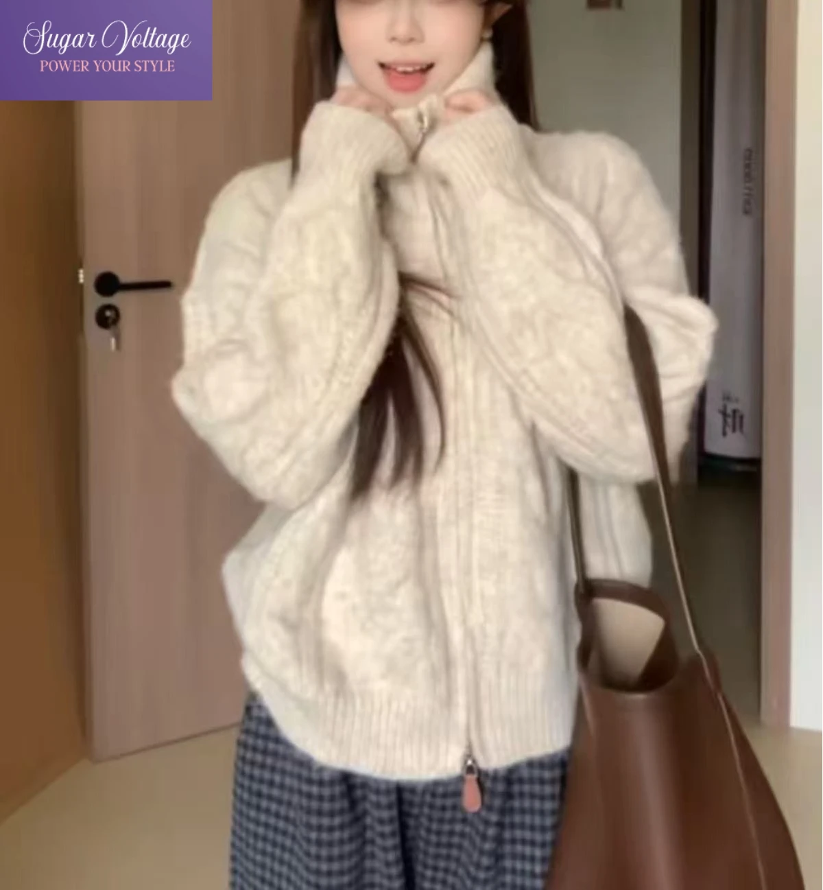 

Vintage Preppy Style Y2k Fashion Knit Soft Sweater Women Loose Fit Long Sleeve Stand Collar Tops Casual Elegant Zipper Cardigan