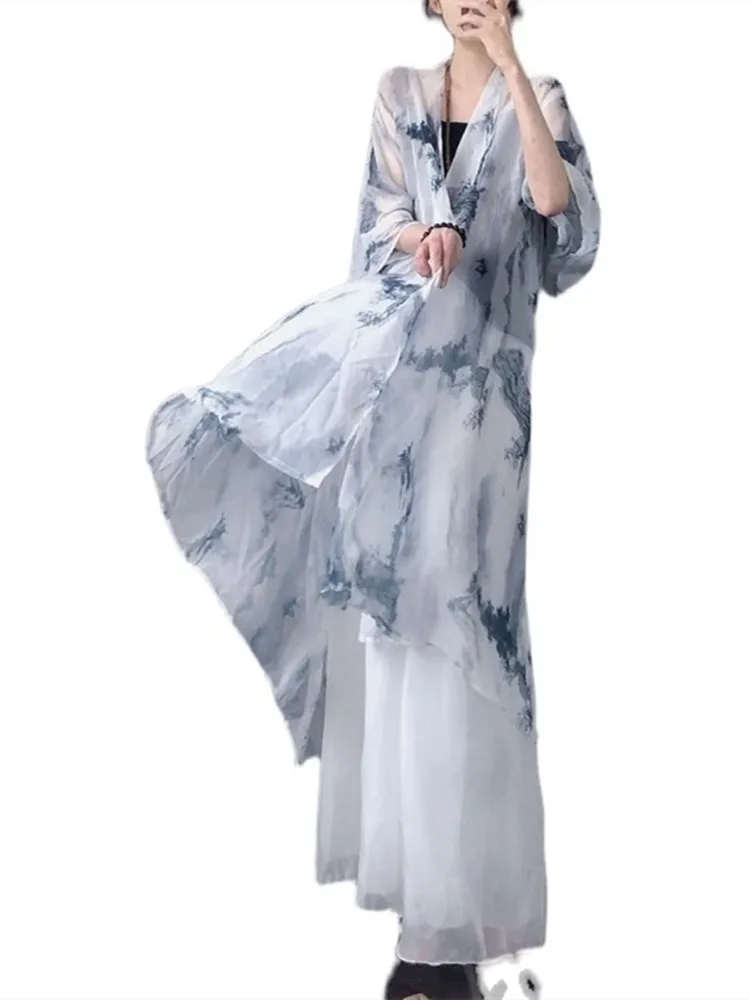 كارديجان نسائي فضفاض صيفي جديد 2023 بتصميم زن هانفو خيالي، مطبوع من الكتان، مناسب للارتداء اليومي