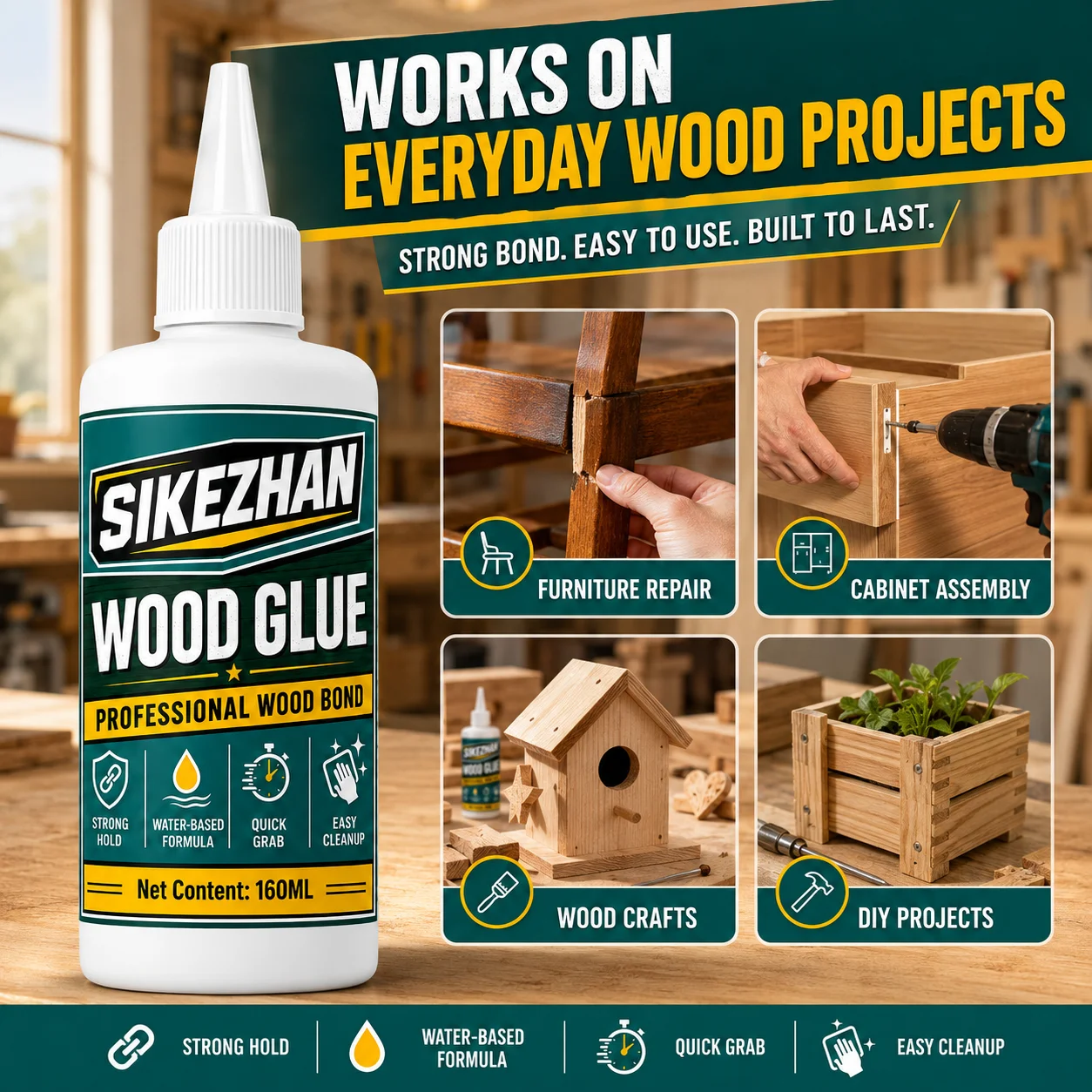 Professional Wood Adhesive 160ml, Quick-Grab Water-Based Glue for Furniture, Cabinets, Crafts, Joinery and Woodworking