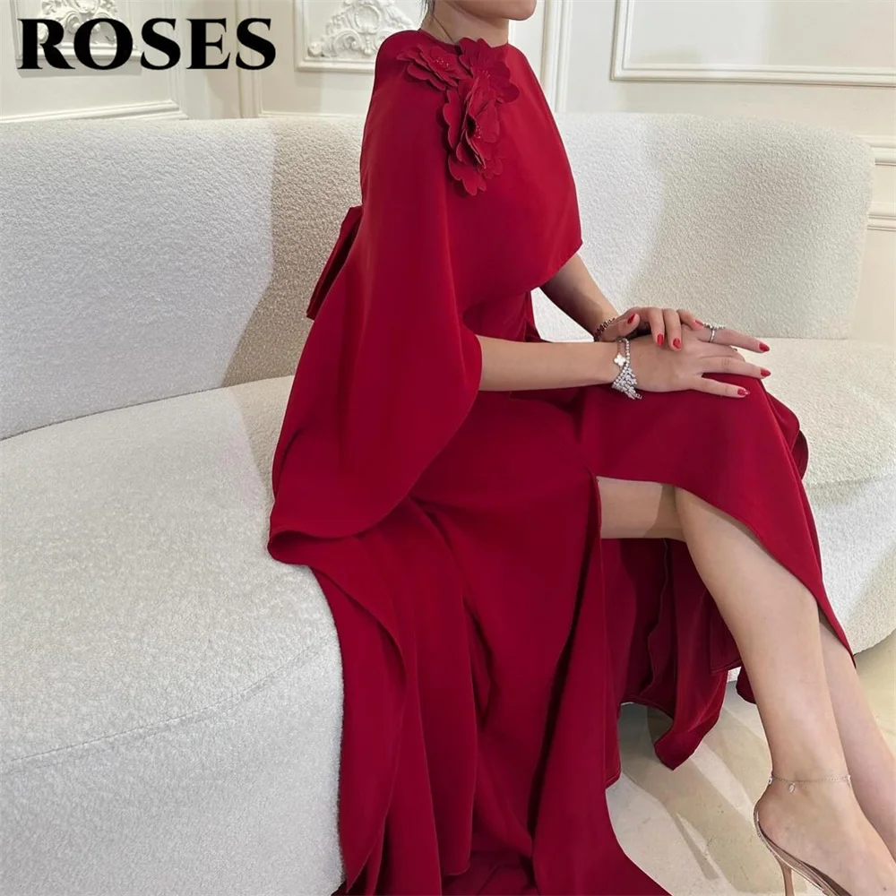 فستان حفلات الزفاف من ROSES باللون العنابي وأكمام عادية للحفلات الراقصة في المملكة العربية السعودية فستان مناسب بفتحة جانبية خاصة حسب الطلب