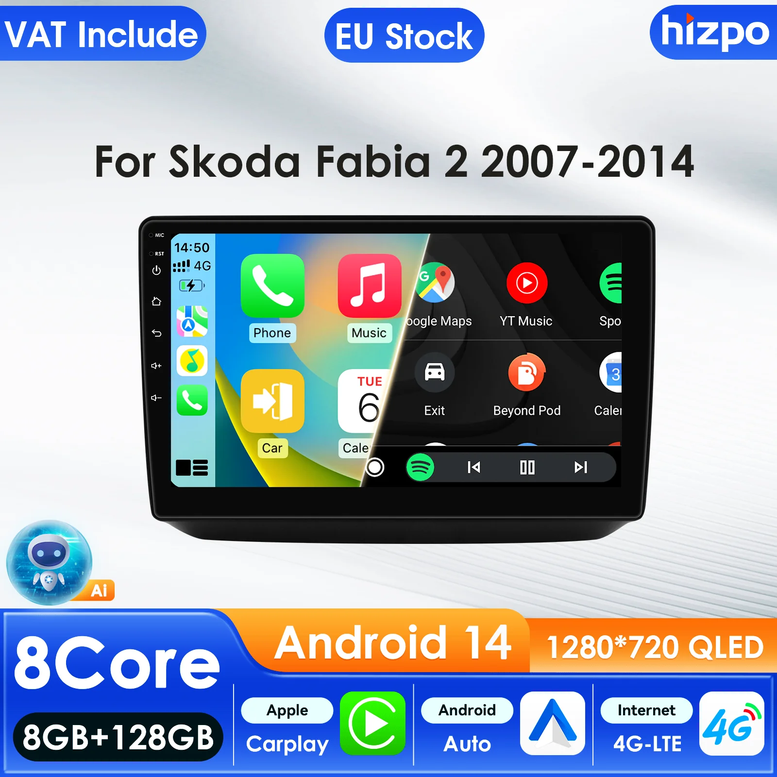 Hizpo 10,1'' Auto-Multimedia-Player für Skoda Fabia 2 2007–2014 GPS Carplay 4G Intelligenter Bildschirm Autoradio 360Cam RDS FM DVR