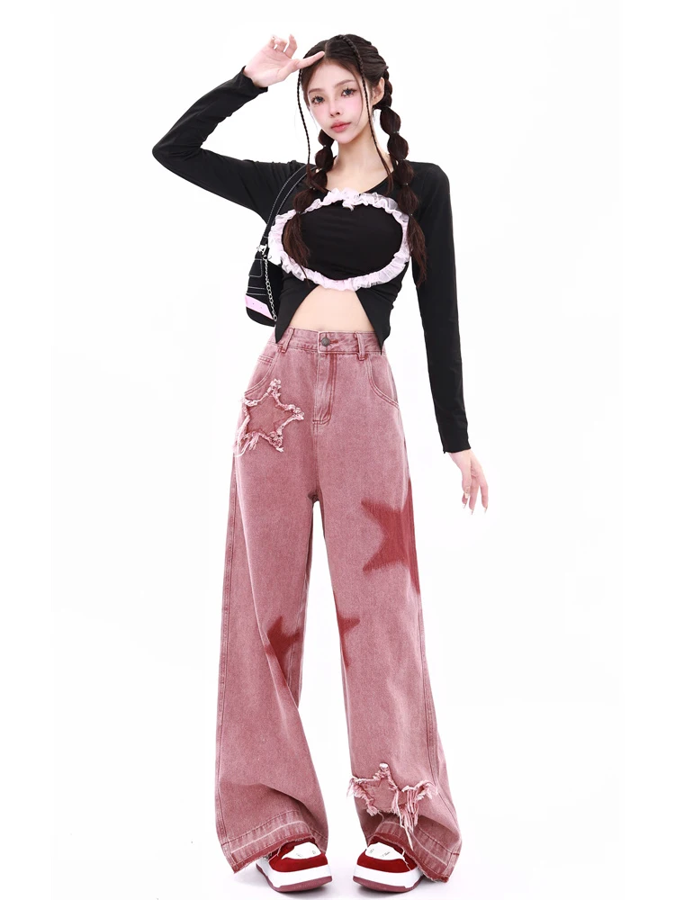 Women's Vintage Red Wide Leg Star Jeans 90s Fashion Aesthetic Denim Trousers Harajuku 2000s High Waist Baggy Jeans Pants Clothes