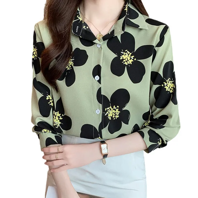 Spring Summer Thin Printed Blouse Women's New Korean Style Long Sleeve Shirt Office Commuter Wear Clothing