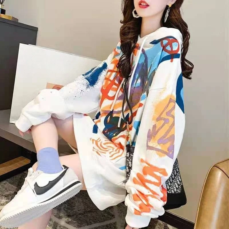 Top con cappuccio femminile Doodle Basic Y2k Vintage Novità Promozione Emo abbinato essenziale con Orint su felpe con cappuccio da donna