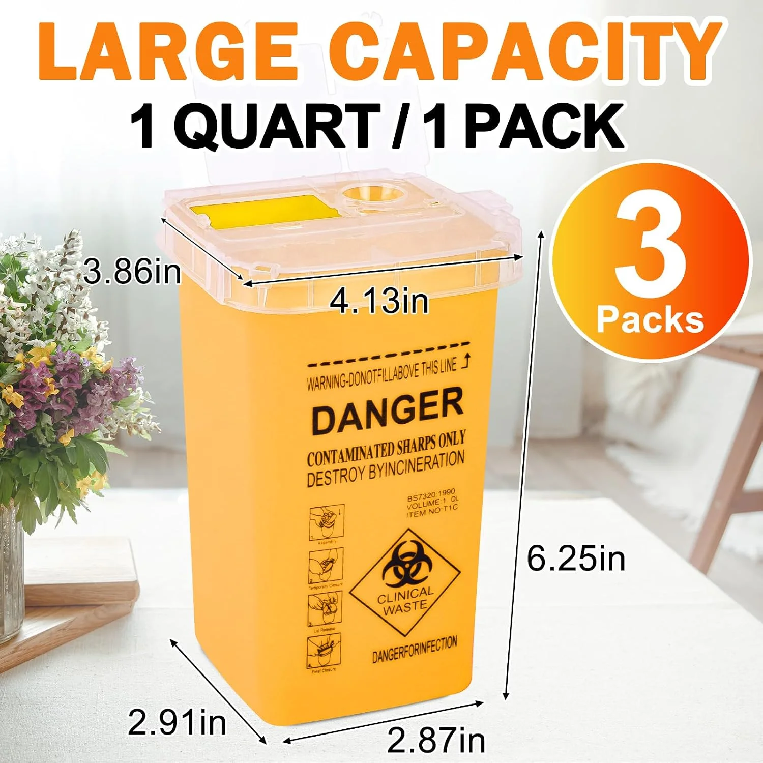 Yellow 1L Sharps Container Thick Anti-puncture Needle Disposal Box Biohazard Waste Collector for Clinic Home Diabetes Use