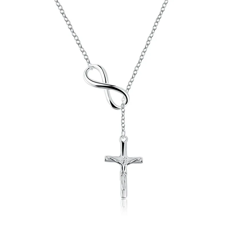 New Stylish 925 Silver Needle Cross Pendant Infinity Symbol Long Link Chain Fashion Necklace Pendant Women Popular Jewelry