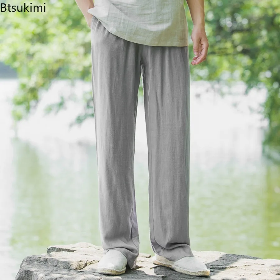 

2025 Men's Summer High Quality Linen Casual Pants Fashion Loose Thin Ice Silk Straight Leg Pants Cotton Linen Wide Leg Trousers