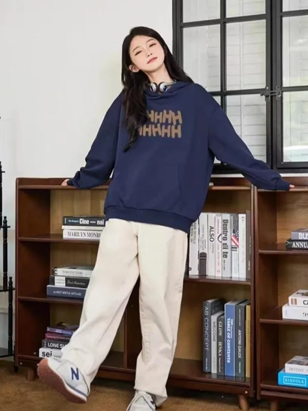 

Hooded Sweatirt Women's Letter Print American Sle Loose Fce Lazy Medium-Length Hoodie Trendy Autumn Winter Polyester F...