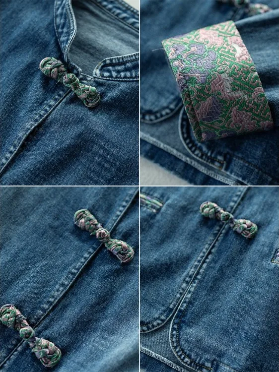 Nouveau chinois Sle rétro Denim Jaet femmes automne Faionable polyvalent irt haut haut de gamme sensation longue fermeture à bouton Sve