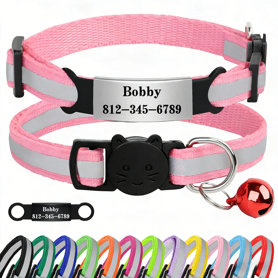 Customized Cat Collar Reflective Cat Collar Free Engraved Puppy Kitten Pet ID Nameplate Necklace With Bell Anti-lost For Cats view 2