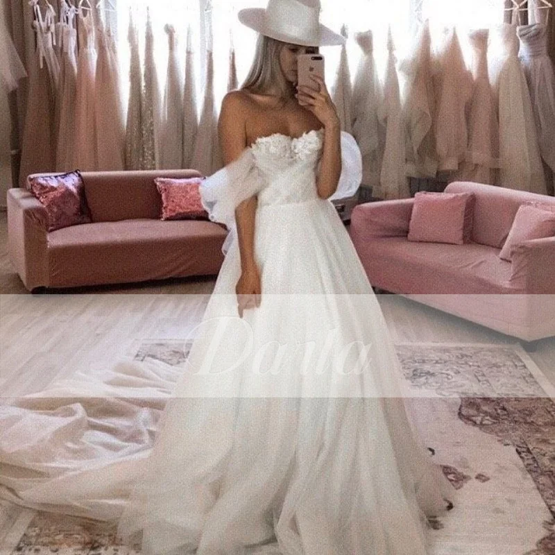 Exqusite-vestidos de tul de una línea para Novia, traje de Novia de manga larga con escote Corazón, apliques de ilusión, hecho A medida, 2023