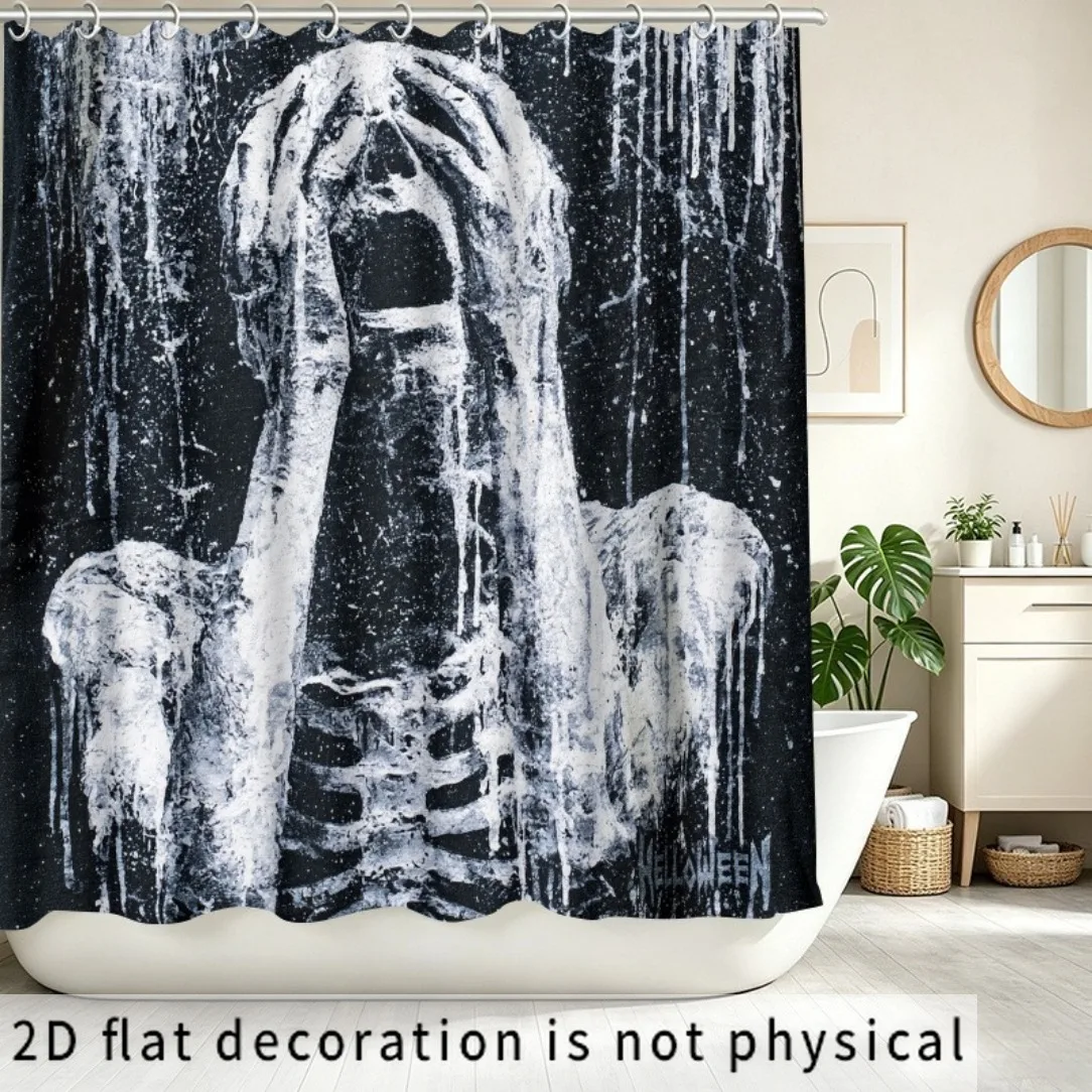 Gothic Skeleton Angel Shower Curtain, Dark Grunge Skull & Wings Print Waterproof Bathroom Decor, Horror Punk Home Bath Screen