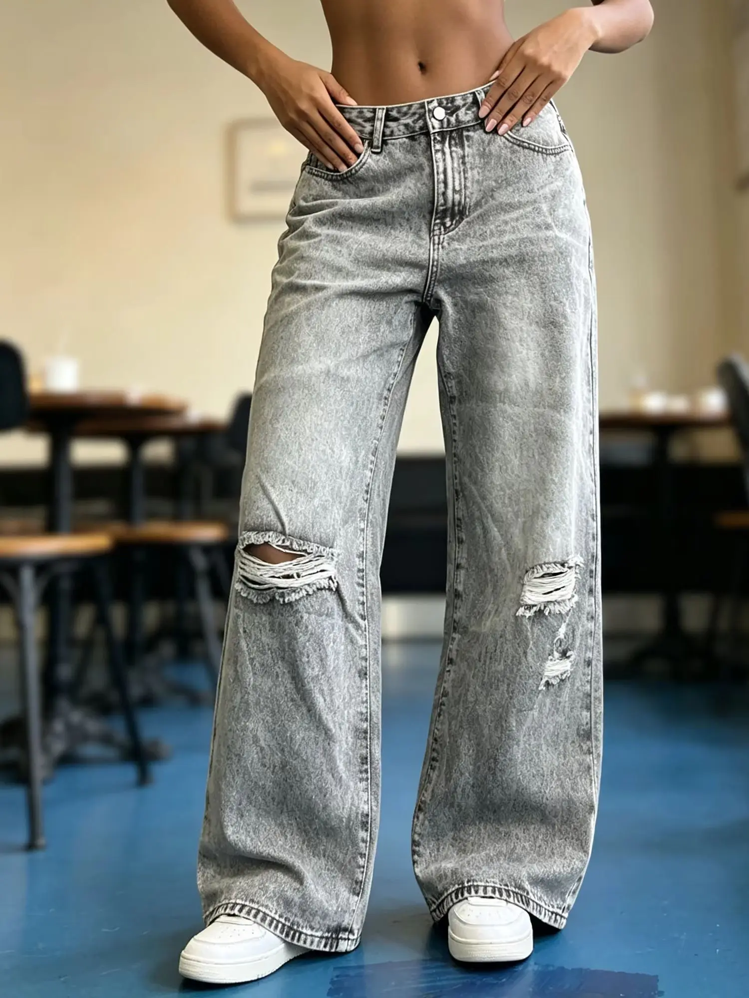 Women's Spring Autumn Grey Stone Washed Wide Leg Denim Pants High Waist Faded Hide Fat Versatile Ripped Denim Long Trousers