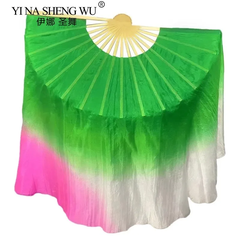 Voile d'éventail en soie pour femmes adultes, Double face en soie véritable, teinture pour les mains en bambou, vert, rose, fluide, main droite, accessoires de spectacle de danse