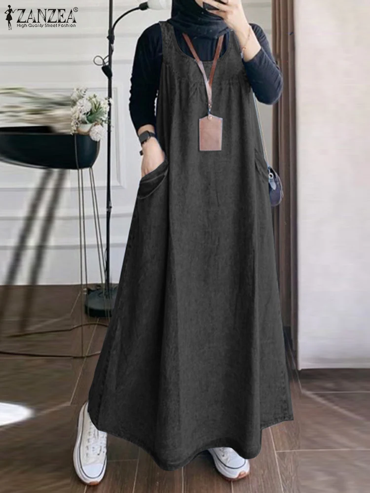 Letnia długa suknia islamska Abaya ZANZEA damska w stylu Vintage jeansowa niebieska sukienka Maxi Vestidos Dubai luźna sukienka Ramadan