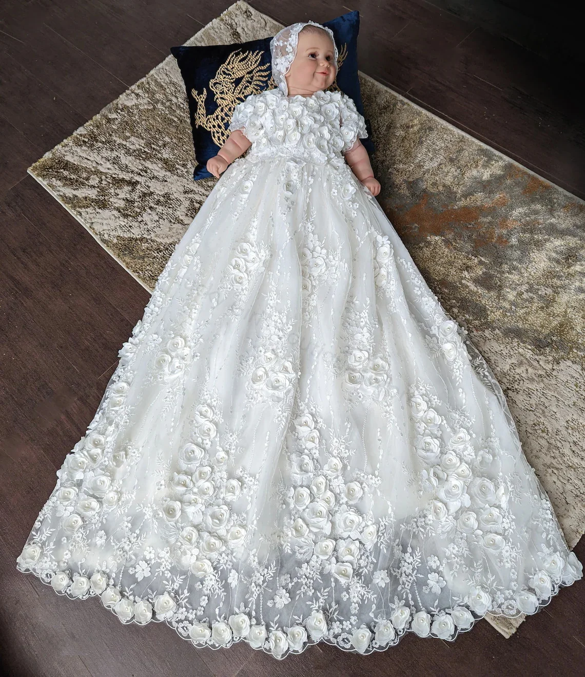 White Baby Christening Gowns Lace Floral Appliques Girls Baptism with Bonnet Luxury Newborn Kid Birthday First Communion Dresses