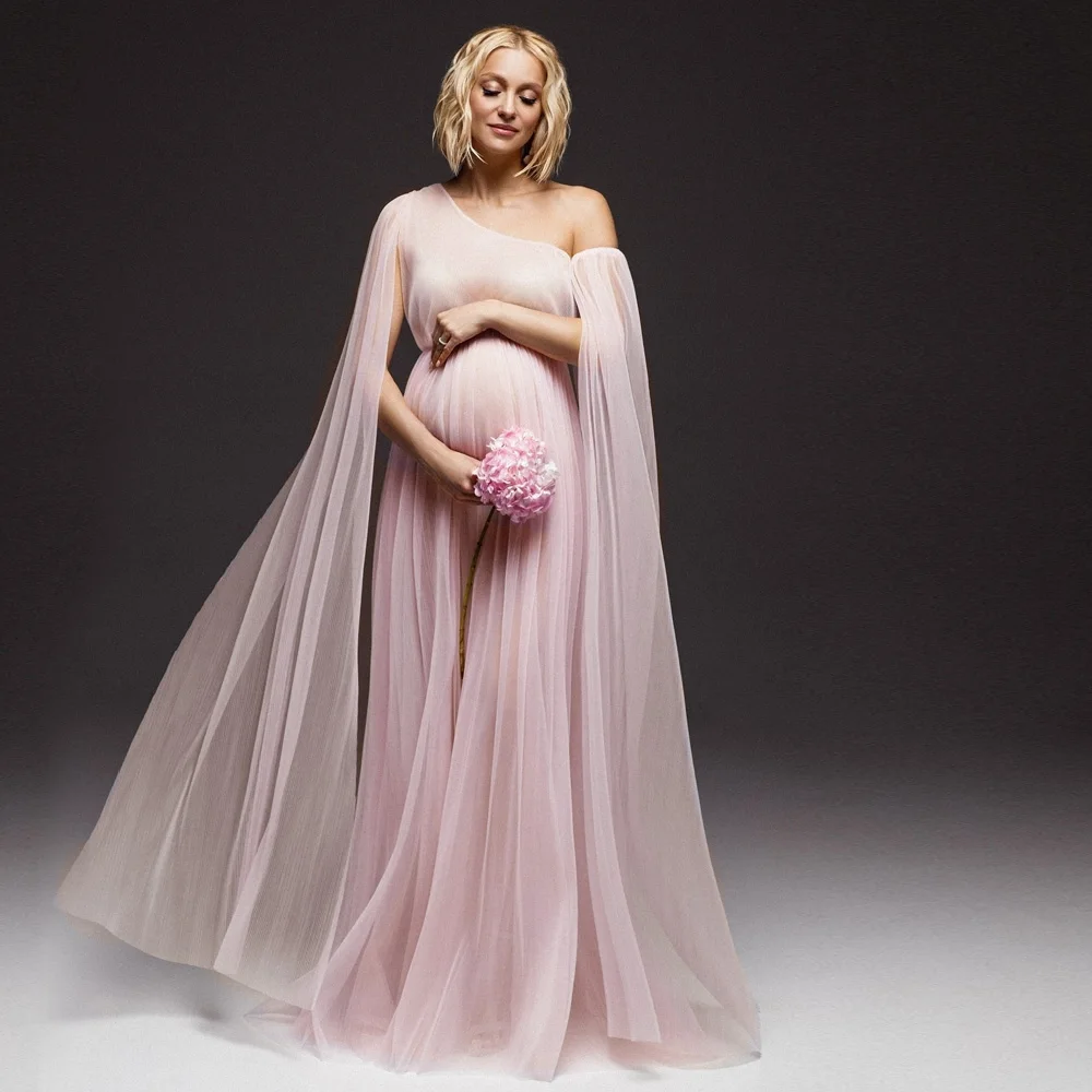 

Maternity Gown For Photo Shoot Pleated Mesh Single Shoulder Dress Photography Dress For Women Dresses For Pregnant Women