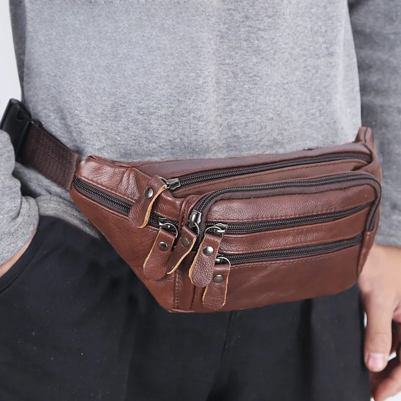 Large Capacity Waterproof Real Genuine Leather Men's Waist Bag Cowhide Male Zipper Site Workers Travel Phone Bag