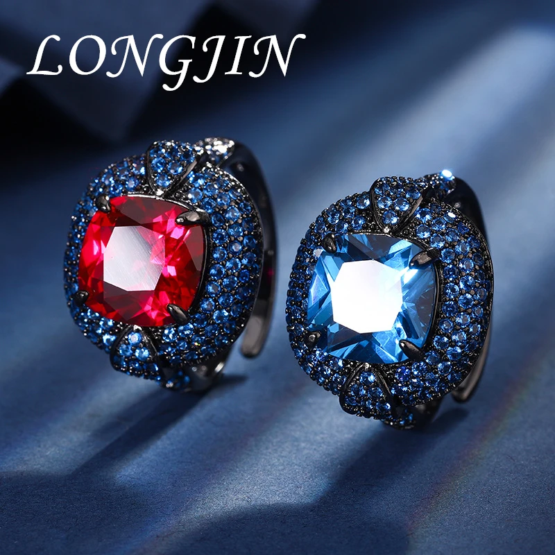 

Black Light Surface Inlaid Red Blue 5A Cubic Zirconia Stone 10*10 Adjustable Ring for Women Party Fine Jewelry Anniversary Gift