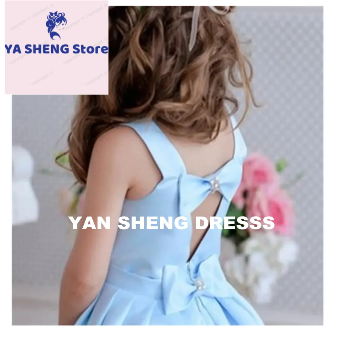 فستان زفاف بناتي مزين بفيونكة زرقاء طويلة بدون ظهر مخصصة لحفلات الزفاف الأنيقة على شكل زهرة صغيرة للأطفال وحفلات التواصل الأول