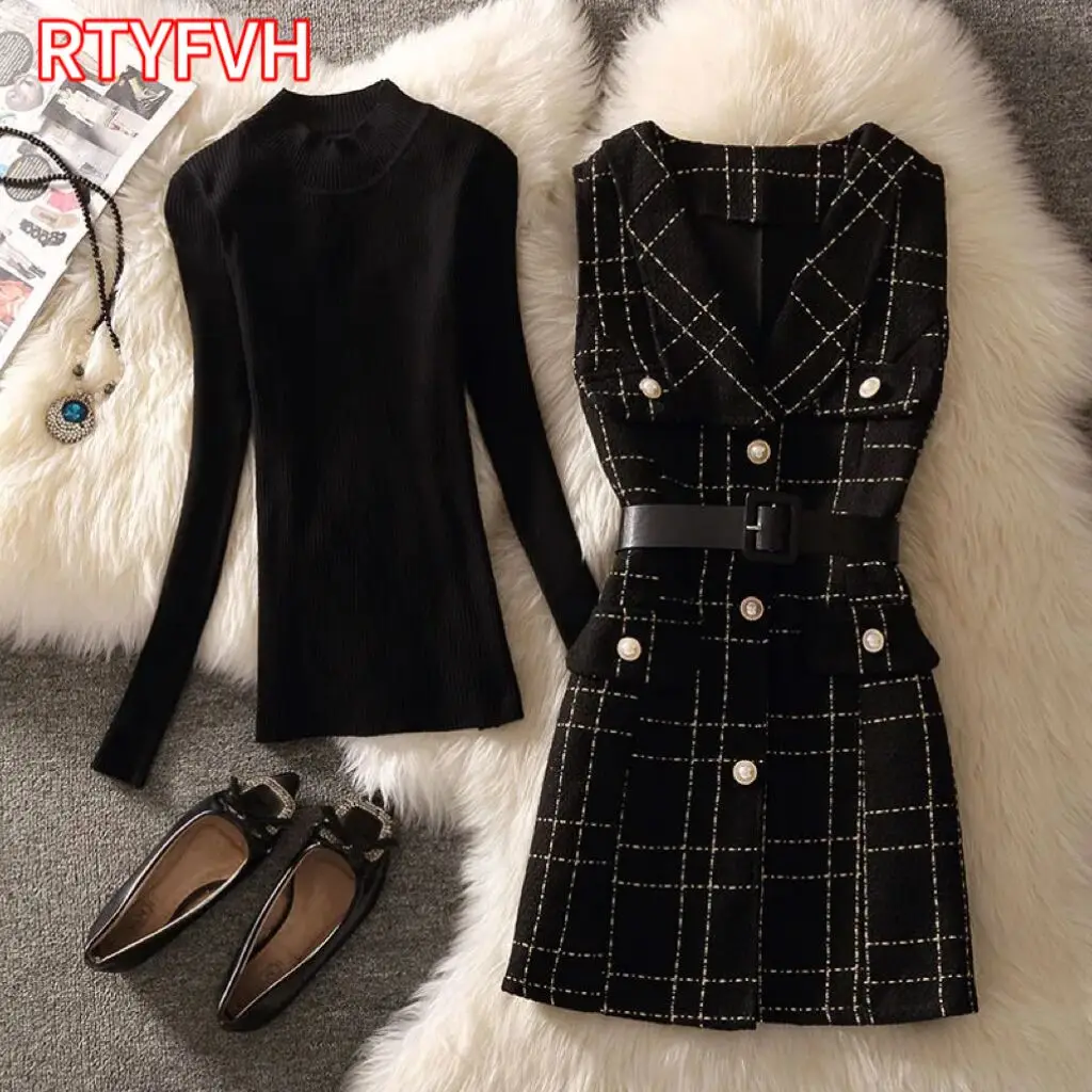 

Vintage Mid-Length 75cm Plaid Tweed Vest Jacket Women 2 Piece Set Elegant Pearl Button Belted Unlined Waistcoat And Knit Sweater