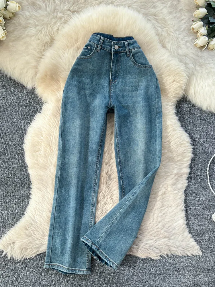 Retro Waed Denim High Waist Straight Leg Pants Women's Casual Slimming Jeans Korean Faion Autumn New Sle