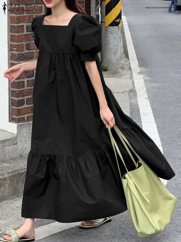 

ZANZEA Korean Puff Short Sleeve Robe Women Solid Color Sundress Fashion Square Collar Maxi Dresses Casual Loose Pleats Dresses