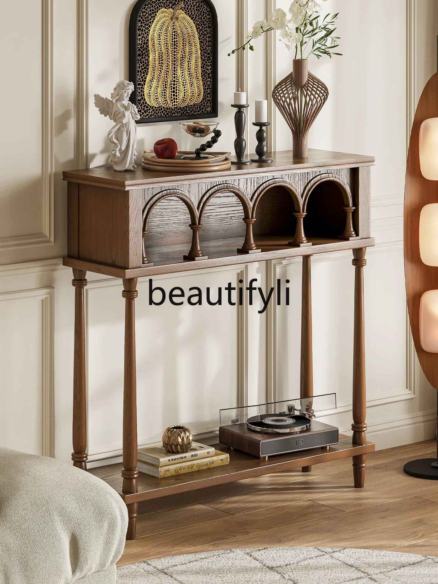 طاولة مدخل قوس من الخشب الصلب من العصور الوسطى، وطاولة مدخل غرفة المعيشة المنزلية، ورف الحائط #2