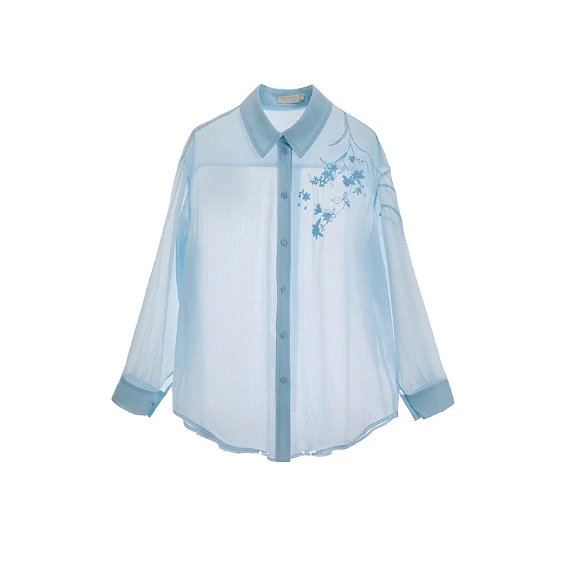 

Рубашка Life on the Left синяя с вышивкой, приталенная, с воротником, в повседневном стиле, весна-лето, новинка, с драпировкой