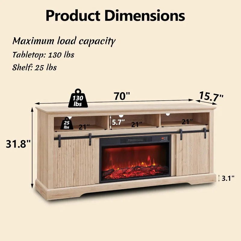 Fluted Fireplace TV Stand for TVs Up to 80 Inch with 30