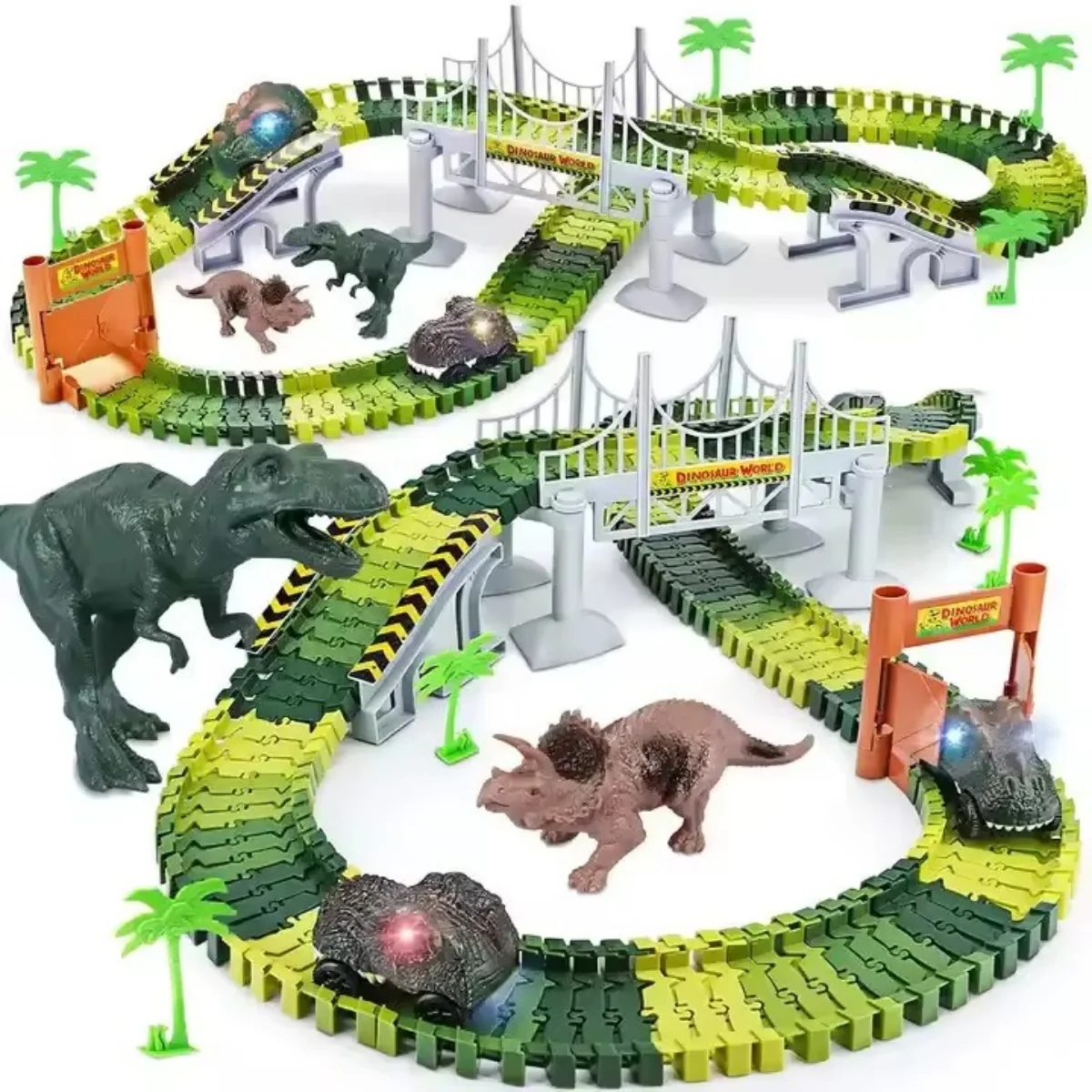 Binari per dinosauri 244 pezzi Crea un mondo dei dinosauri, set di binari per treni con auto da corsa e giocattoli per dinosauri, regali di Natale per bambini