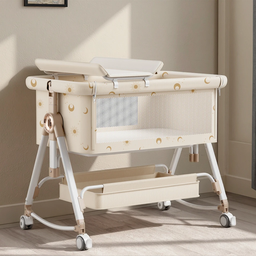 

2026 New 3-in-1 crib with mosquito net, storage, breathable mesh and wheels - moon star pattern, convertible cradle