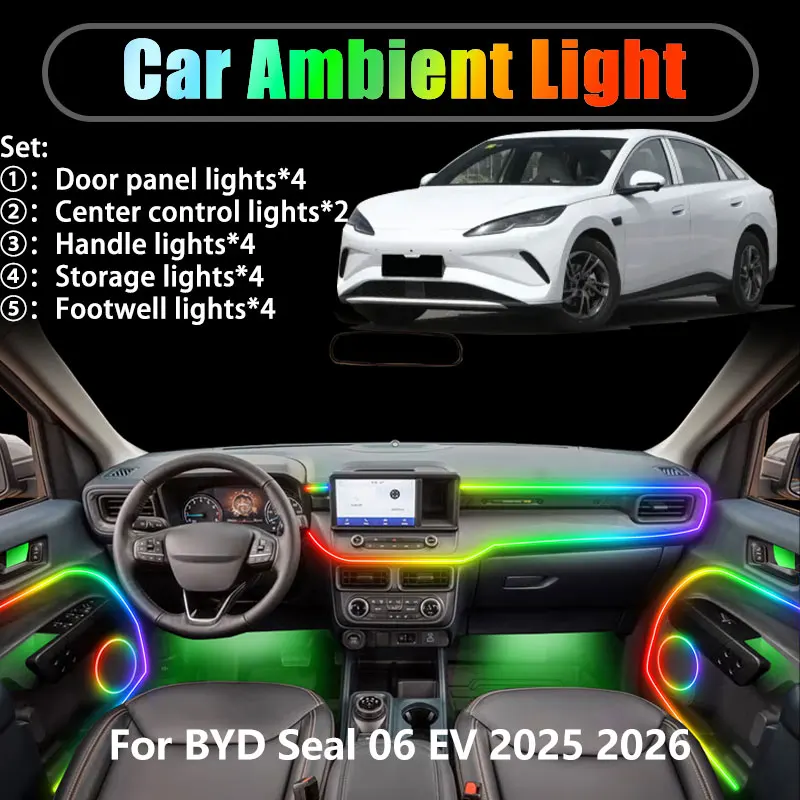 

For BYD Seal 06 EV 2025 2026 2/18 in 1 Car ambient lighting Led trunk interior led lights USB RGB Ensemble Streamer Auto Parts