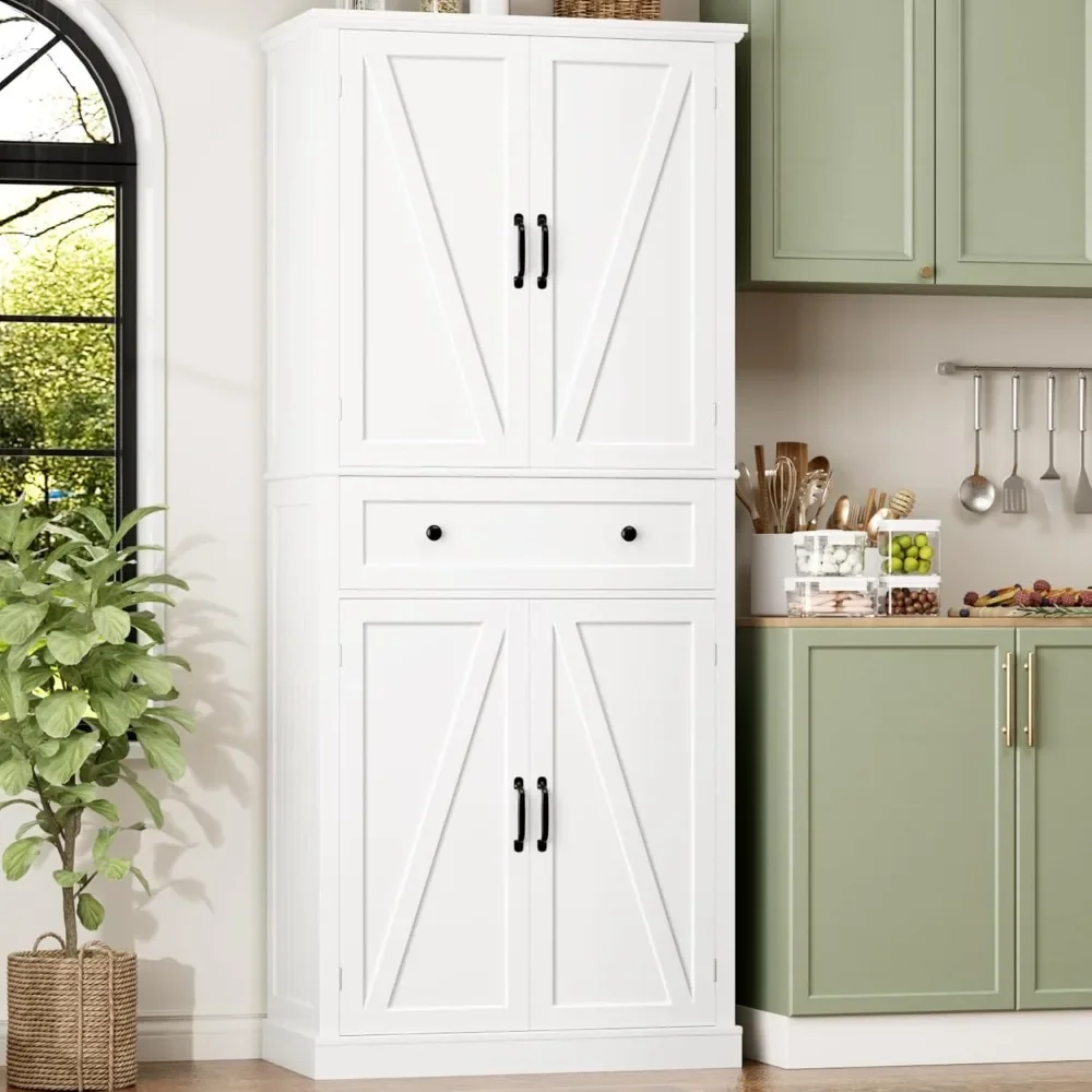 

72” Kitchen Pantry Cabinet, Kitchen Pantry with 4 Doors, Drawer & Shelves, Farmhouse Pantry Cabinet Tall Cabinet for Dining Room