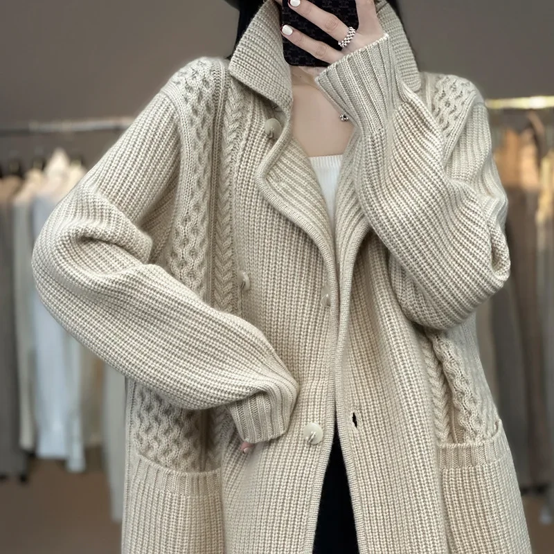 Pure cashmere cardigan women's lace-up suit collar thick loose mid-length wool sweater sweater slouchy coat