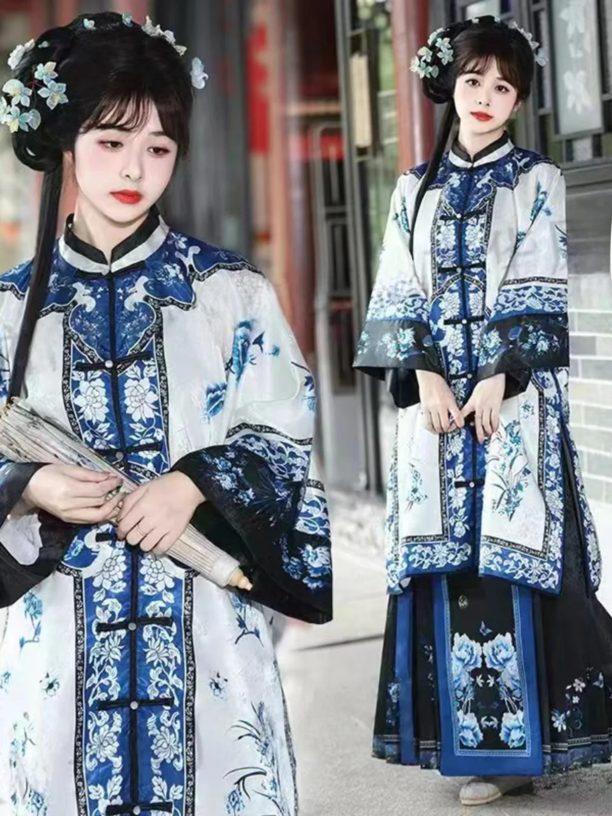 

New Hanfu Qinghua Porcelain Print Set Female Print Front Buttoned Ma Face Revival Sense Gege Travel Photography Clothes